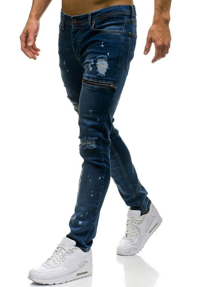 Jeans Taille Moyenne À Fermeture Éclair Unie Pour Hommes