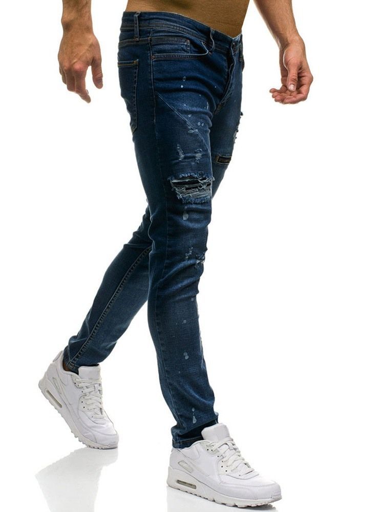 Jeans Taille Moyenne À Fermeture Éclair Unie Pour Hommes