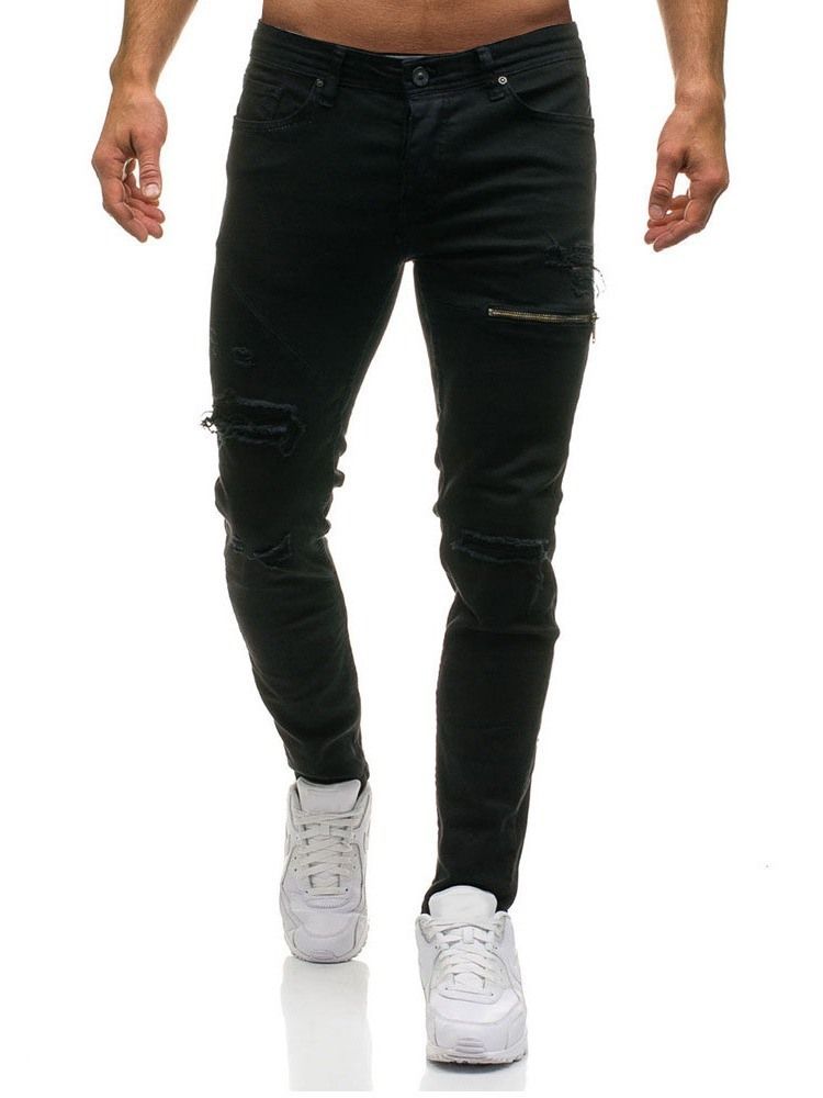 Jeans Taille Moyenne À Fermeture Éclair Unie Pour Hommes