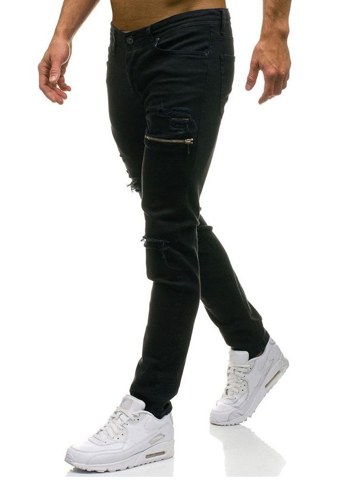 Jeans Taille Moyenne À Fermeture Éclair Unie Pour Hommes