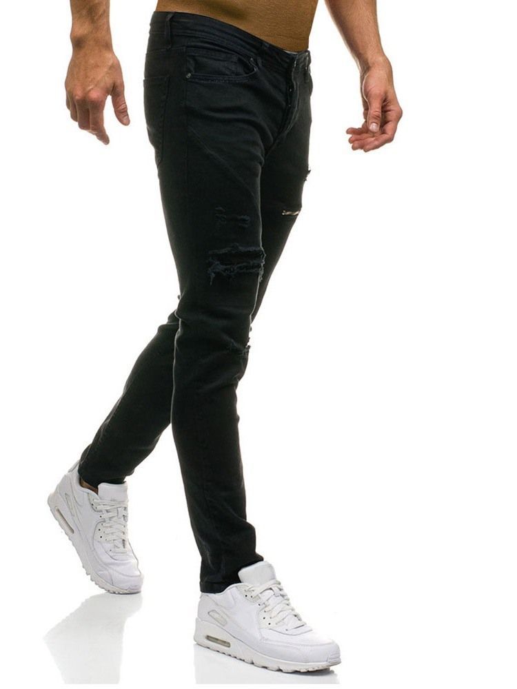 Jeans Taille Moyenne À Fermeture Éclair Unie Pour Hommes