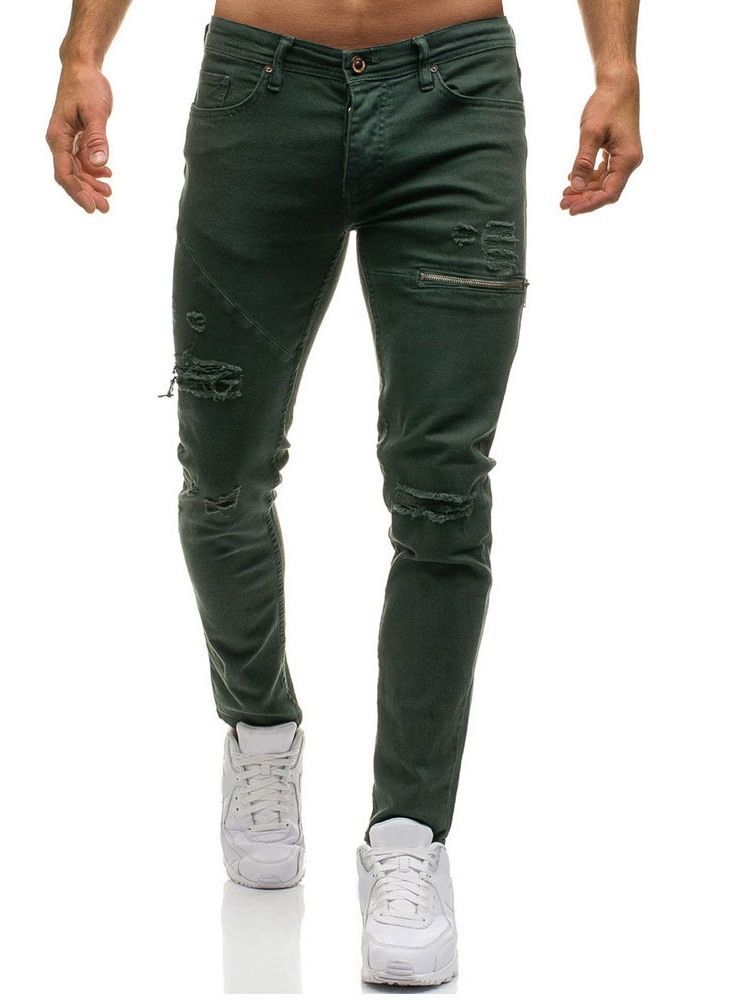 Jeans Taille Moyenne À Fermeture Éclair Unie Pour Hommes