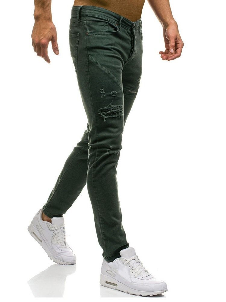 Jeans Taille Moyenne À Fermeture Éclair Unie Pour Hommes