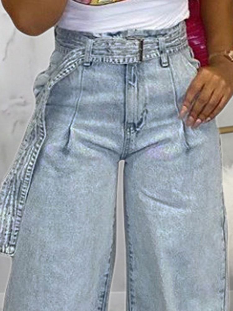 Jeans Unis À Jambes Larges Et Taille Haute Pour Femmes