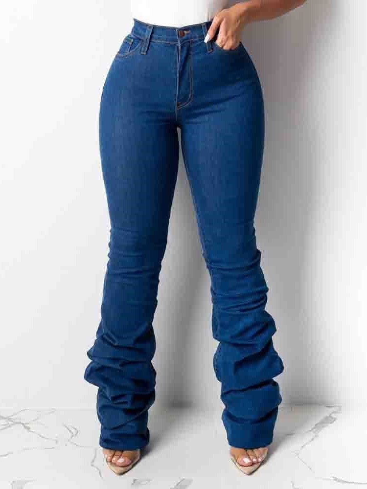 Jeans Unis À Taille Haute Et Taille Haute Pour Femmes