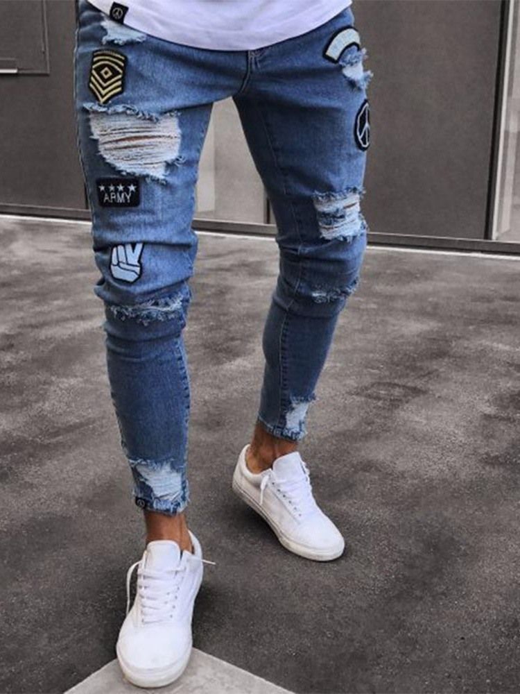 Pantalon Crayon Appliques Jeans Décontractés Pour Hommes À Taille Moyenne