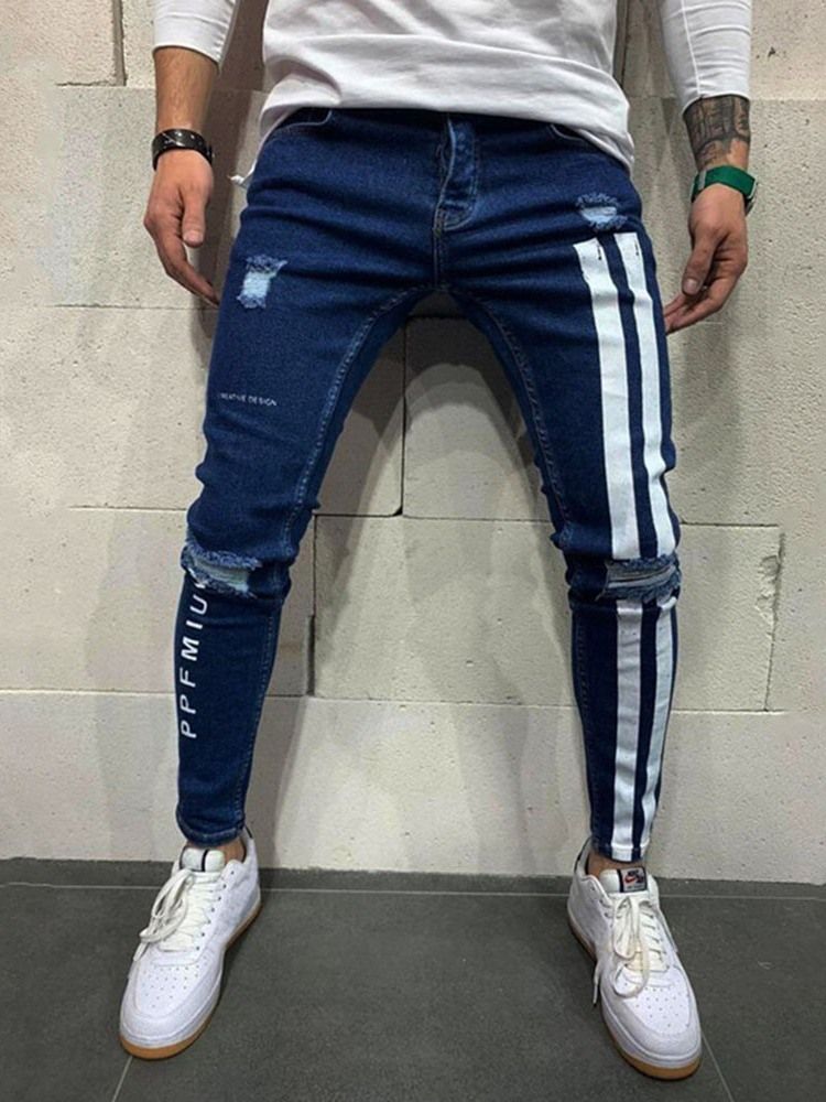 Pantalon Crayon À Blocs De Couleur Trou Zipper Jeans Décontractés Pour Hommes