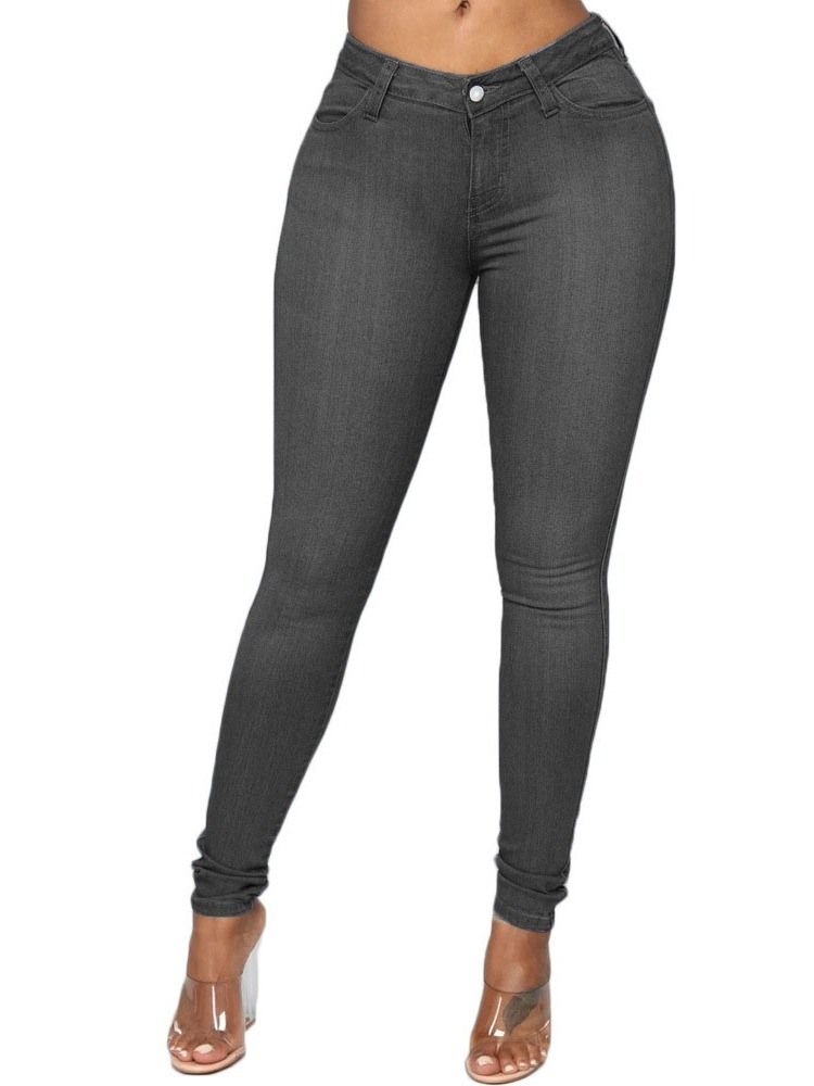 Pantalon Crayon Bouton Plaine Jeans Slim Taille Moyenne Pour Femmes