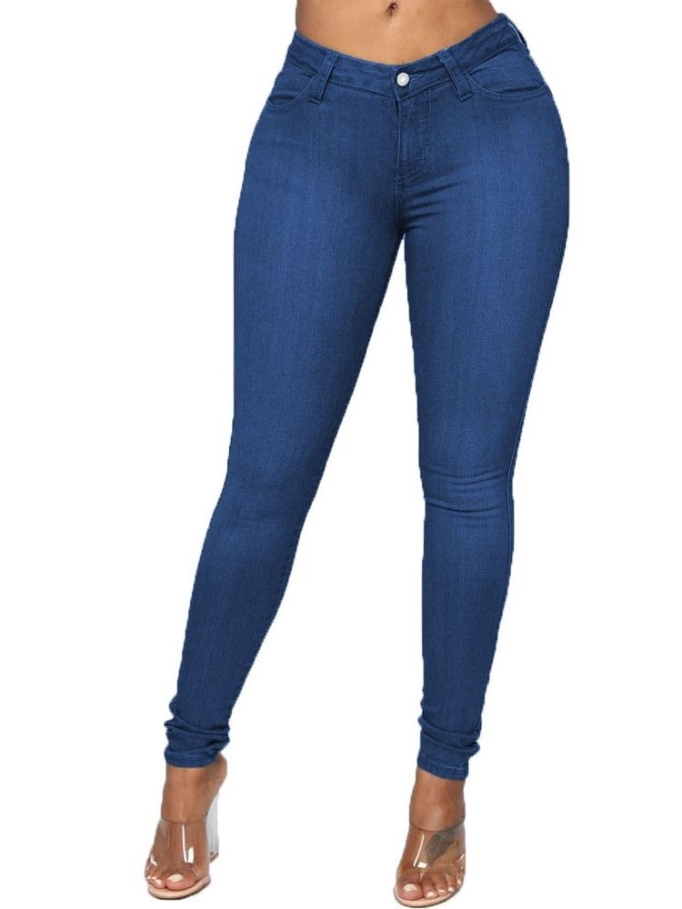 Pantalon Crayon Bouton Plaine Jeans Slim Taille Moyenne Pour Femmes