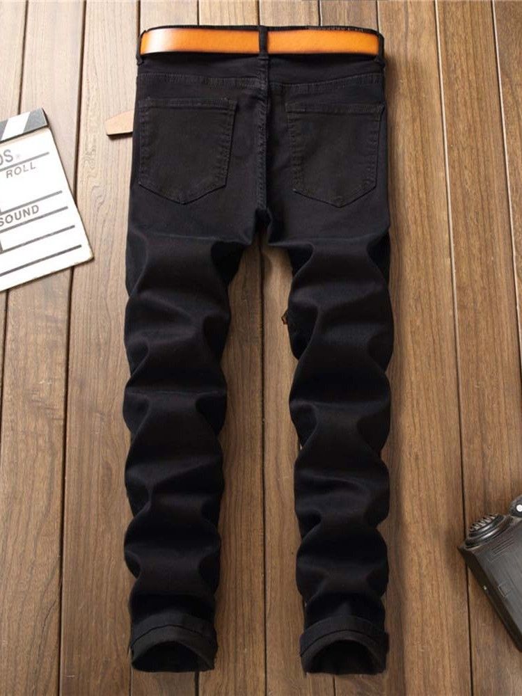 Pantalon Crayon Brodé Pour Hommes Jeans Taille Moyenne À Fermeture Éclair Florale