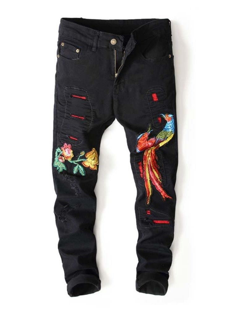 Pantalon Crayon Brodé Pour Hommes Jeans Taille Moyenne À Fermeture Éclair Florale