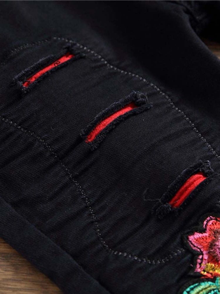 Pantalon Crayon Brodé Pour Hommes Jeans Taille Moyenne À Fermeture Éclair Florale