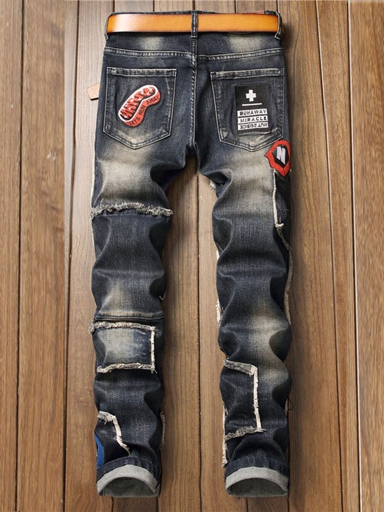 Pantalon Crayon À Broderie Géométrique Jeans Pour Hommes À Fermeture Éclair Européenne