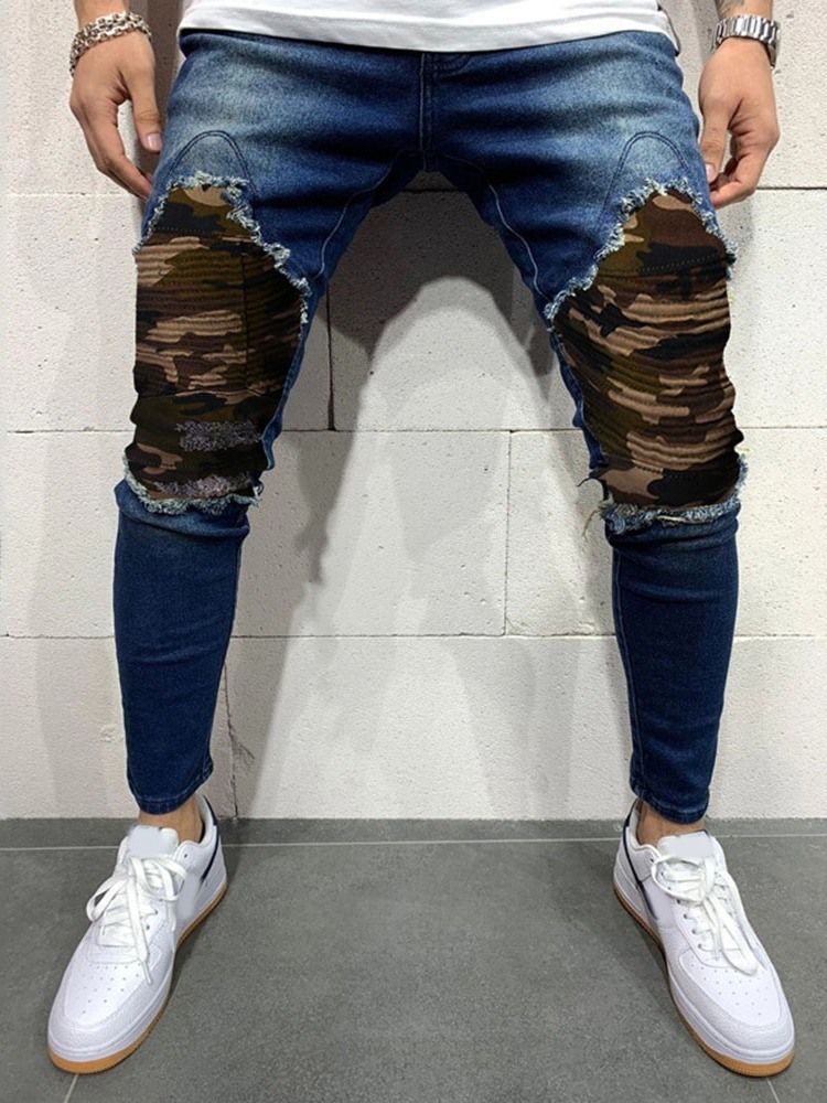 Pantalon Crayon Camouflage Patchwork Jeans Pour Hommes Européens À Taille Moyenne