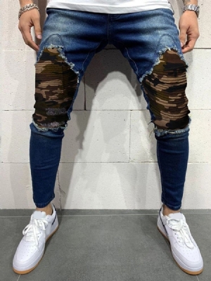 Pantalon Crayon Camouflage Patchwork Jeans Pour Hommes Européens À Taille Moyenne