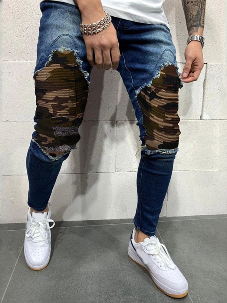 Pantalon Crayon Camouflage Patchwork Jeans Pour Hommes Européens À Taille Moyenne