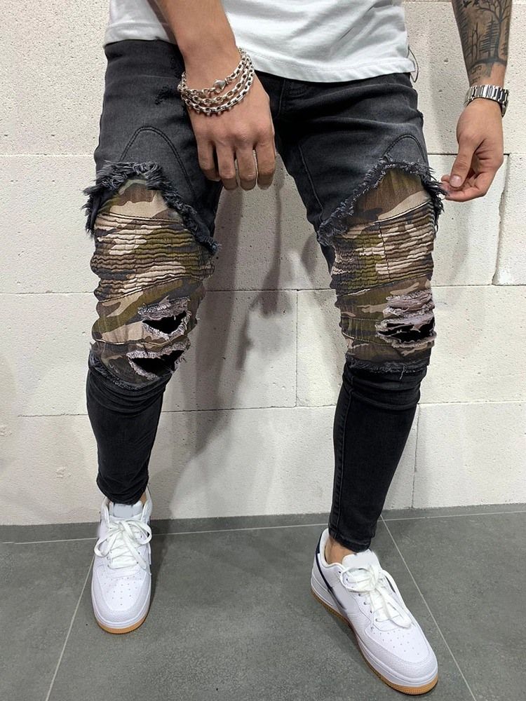 Pantalon Crayon Camouflage Patchwork Jeans Pour Hommes Européens À Taille Moyenne