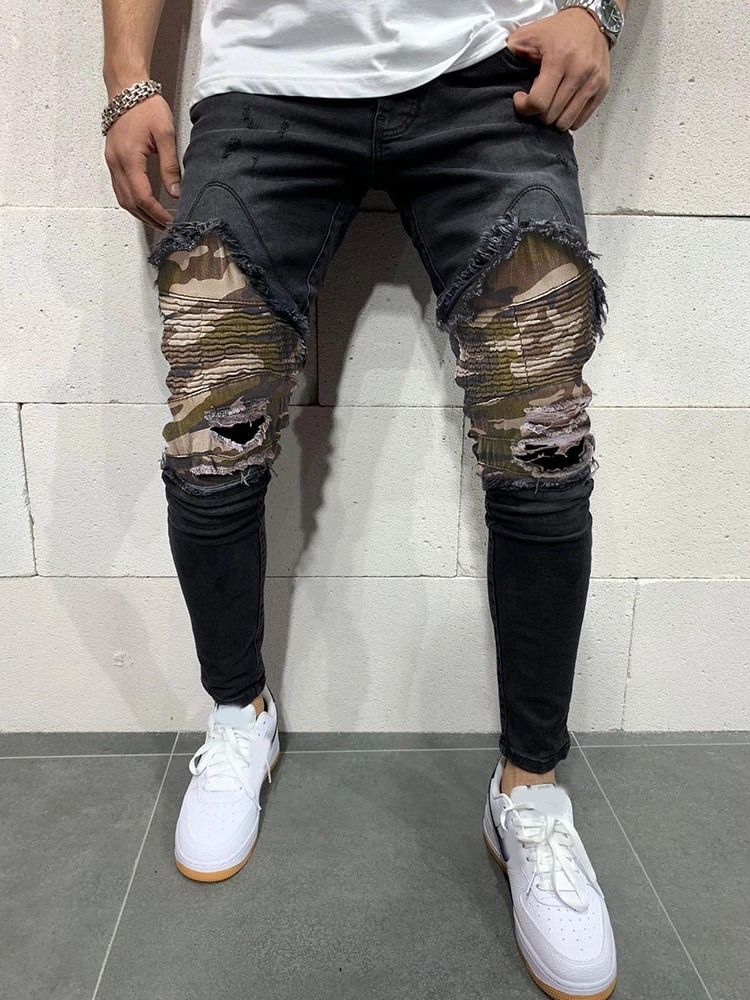 Pantalon Crayon Camouflage Patchwork Jeans Pour Hommes Européens À Taille Moyenne