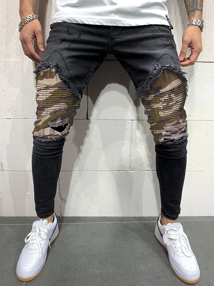 Pantalon Crayon Camouflage Patchwork Jeans Pour Hommes Européens À Taille Moyenne