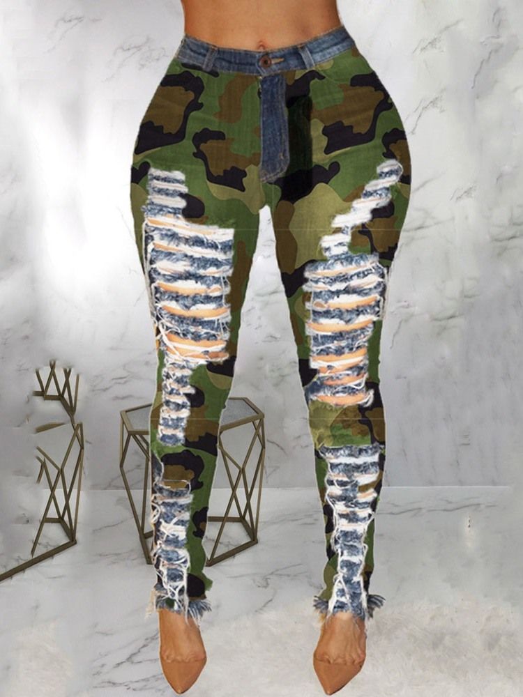 Pantalon Crayon Camouflage Patchwork Jeans Skinny Taille Moyenne Pour Femmes