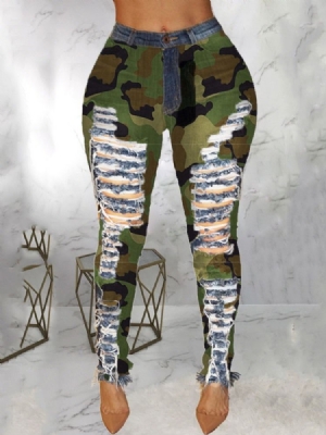 Pantalon Crayon Camouflage Patchwork Jeans Skinny Taille Moyenne Pour Femmes