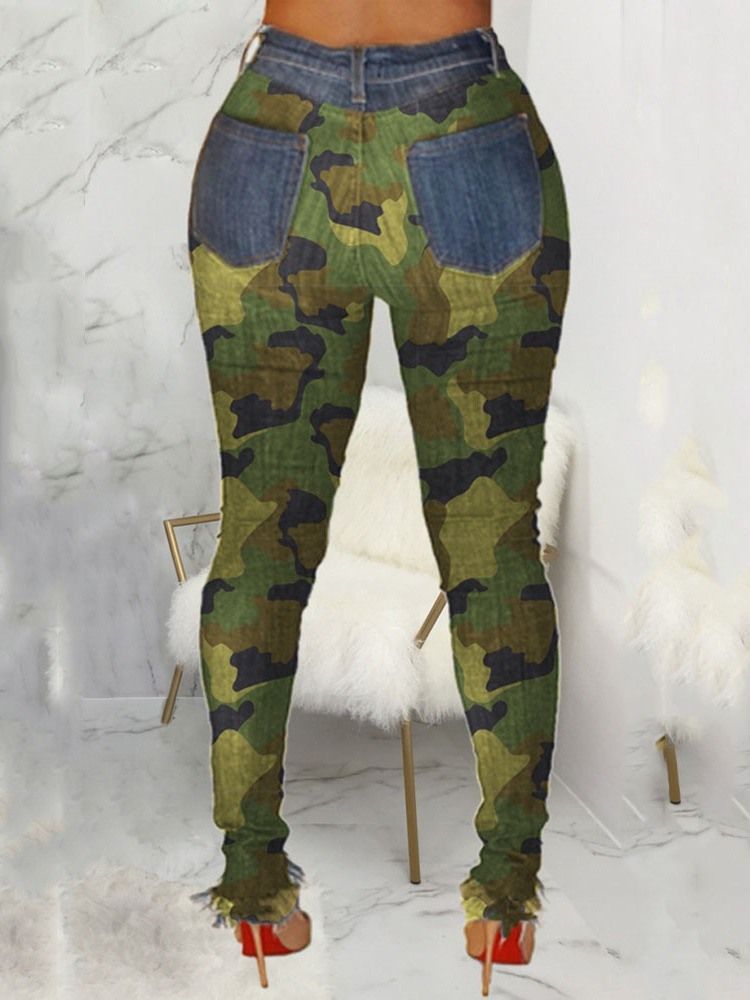 Pantalon Crayon Camouflage Patchwork Jeans Skinny Taille Moyenne Pour Femmes