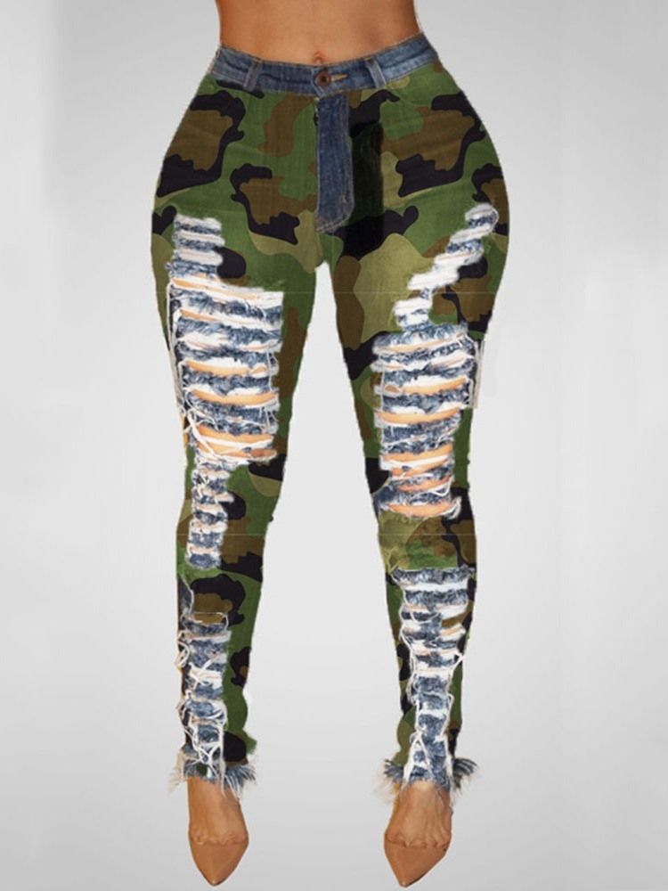 Pantalon Crayon Camouflage Patchwork Jeans Skinny Taille Moyenne Pour Femmes