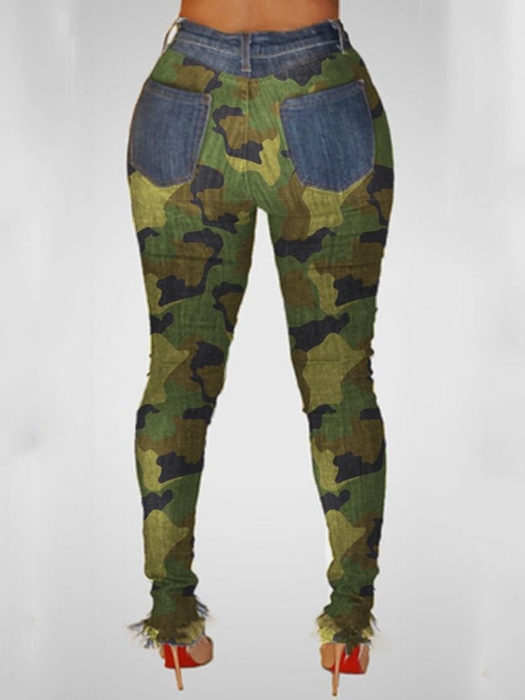 Pantalon Crayon Camouflage Patchwork Jeans Skinny Taille Moyenne Pour Femmes