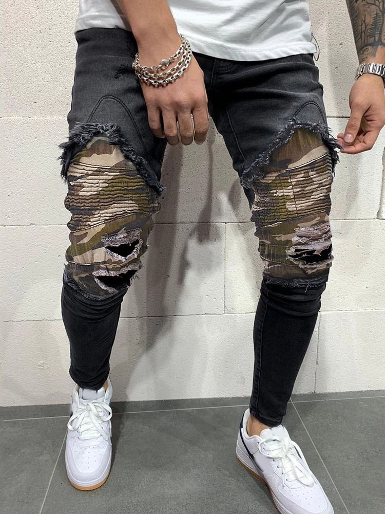 Pantalon Crayon Camouflage Trou Jeans Décontracté Taille Moyenne Pour Hommes