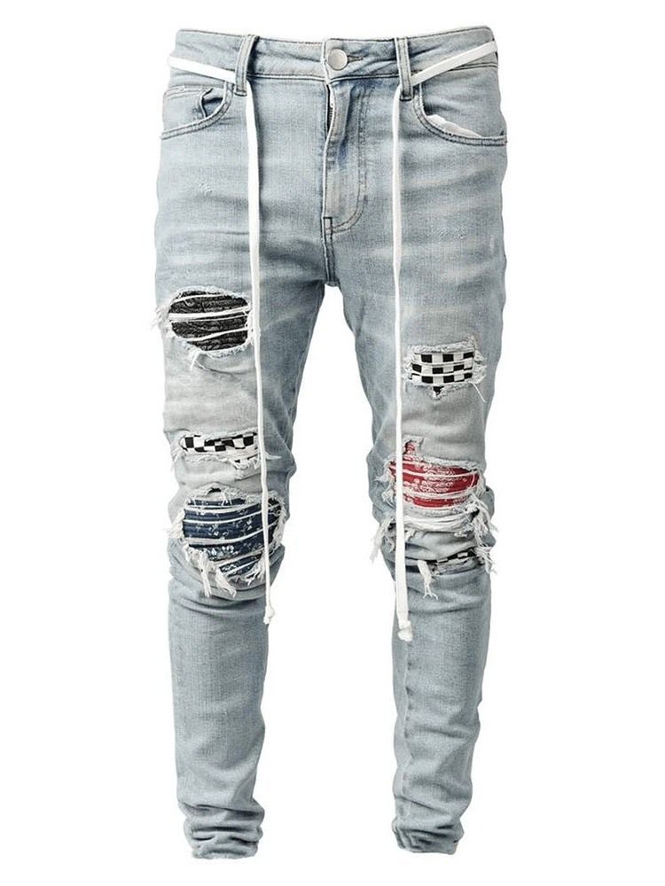 Pantalon Crayon À Carreaux Patchwork Taille Moyenne Hip Hop Jeans Pour Hommes