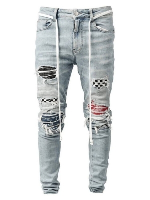 Pantalon Crayon À Carreaux Patchwork Taille Moyenne Hip Hop Jeans Pour Hommes