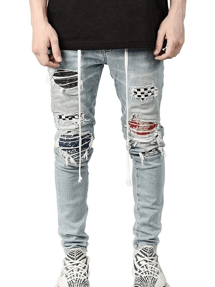 Pantalon Crayon À Carreaux Patchwork Taille Moyenne Hip Hop Jeans Pour Hommes