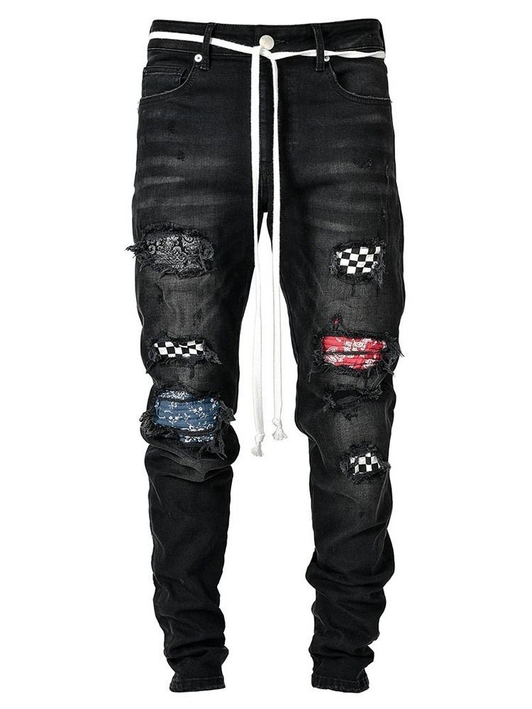 Pantalon Crayon À Carreaux Patchwork Taille Moyenne Hip Hop Jeans Pour Hommes