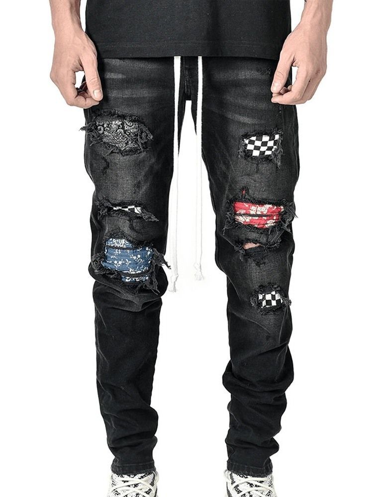 Pantalon Crayon À Carreaux Patchwork Taille Moyenne Hip Hop Jeans Pour Hommes