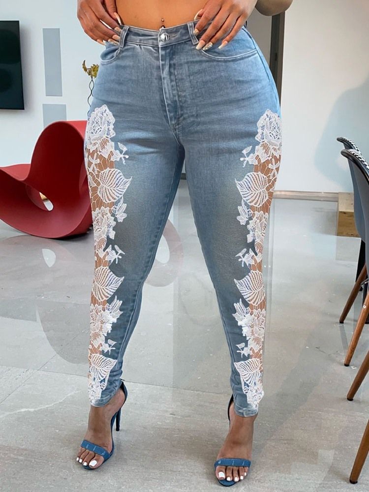 Pantalon Crayon En Dentelle Pour Femmes Jean Skinny À Fermeture À Glissière Et Bloc De Couleur