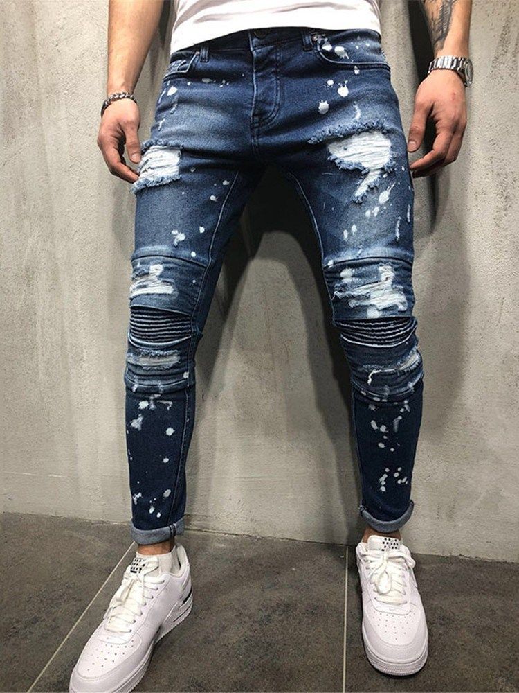 Pantalon Crayon À Glands Jeans Pour Hommes À Fermeture Éclair À Taille Moyenne