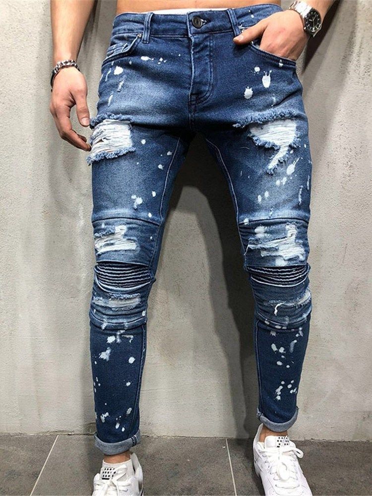 Pantalon Crayon À Glands Jeans Pour Hommes À Fermeture Éclair À Taille Moyenne