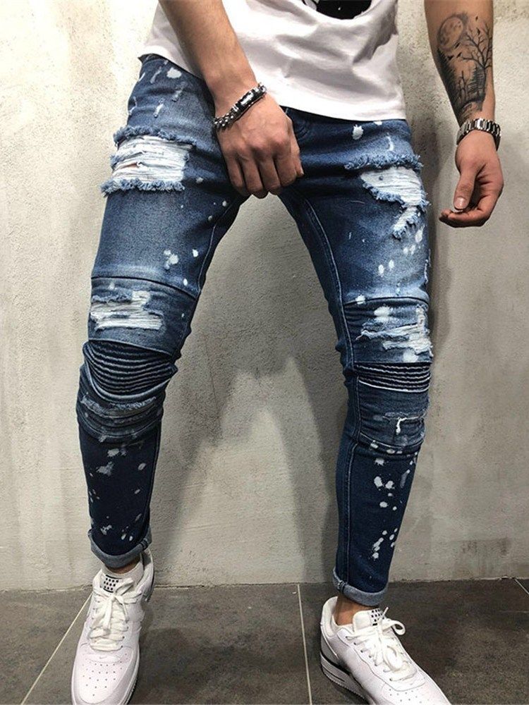 Pantalon Crayon À Glands Jeans Pour Hommes À Fermeture Éclair À Taille Moyenne