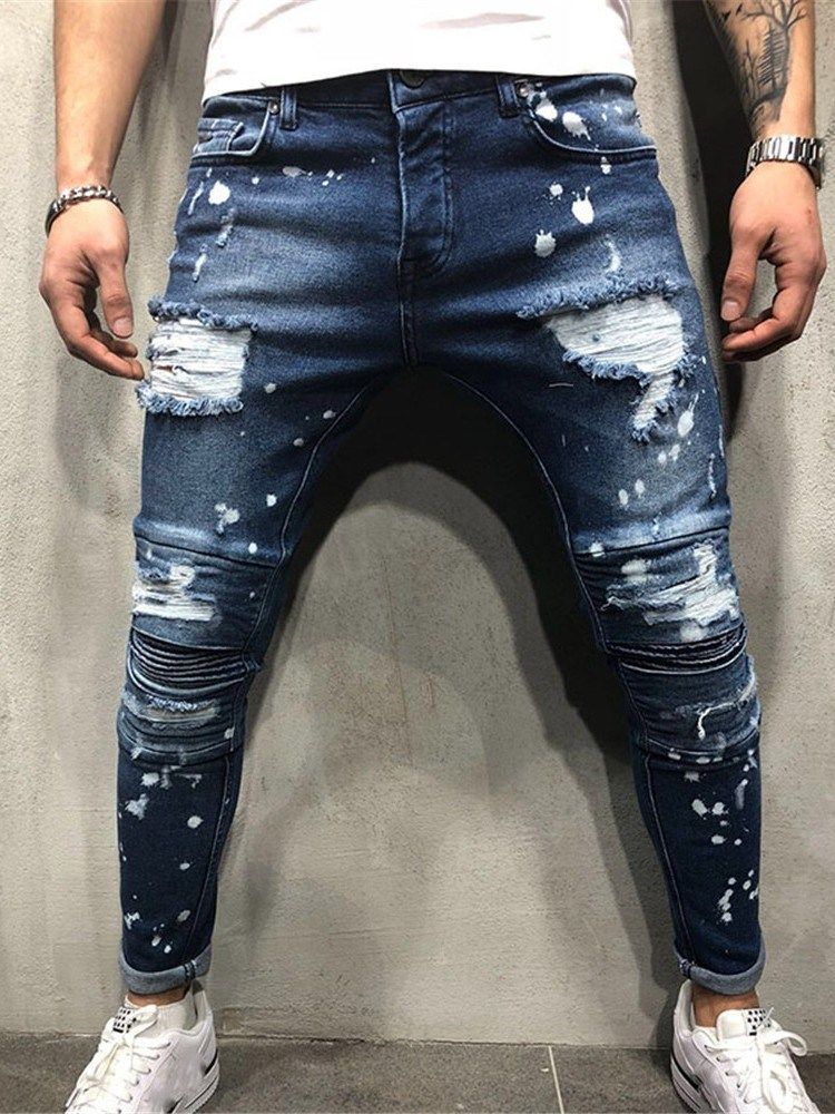 Pantalon Crayon À Glands Jeans Pour Hommes À Fermeture Éclair À Taille Moyenne