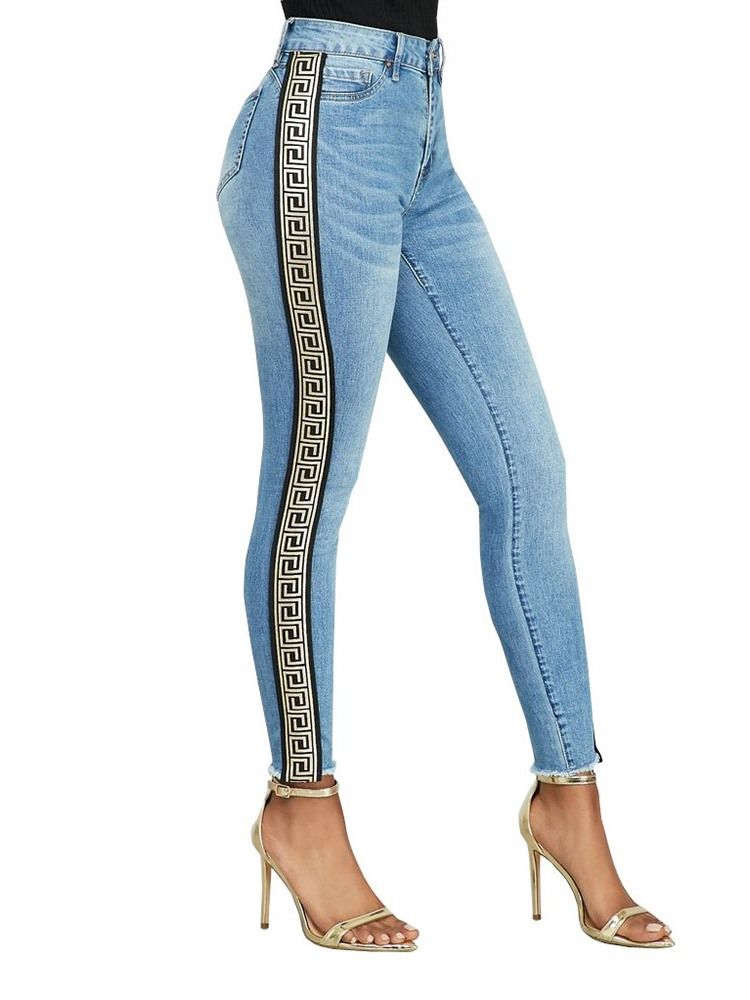 Pantalon Crayon Imprimé Géométrique Skinny Jeans Taille Haute Pour Femmes