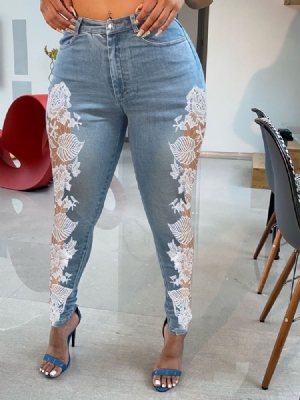 Pantalon Crayon Lavable À Fleurs Jeans À Fermeture Éclair Pour Femmes