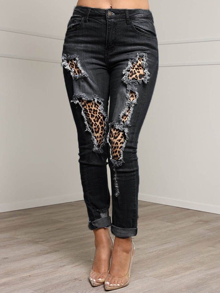 Pantalon Crayon Léopard Patchwork Zipper Jeans Pour Femmes