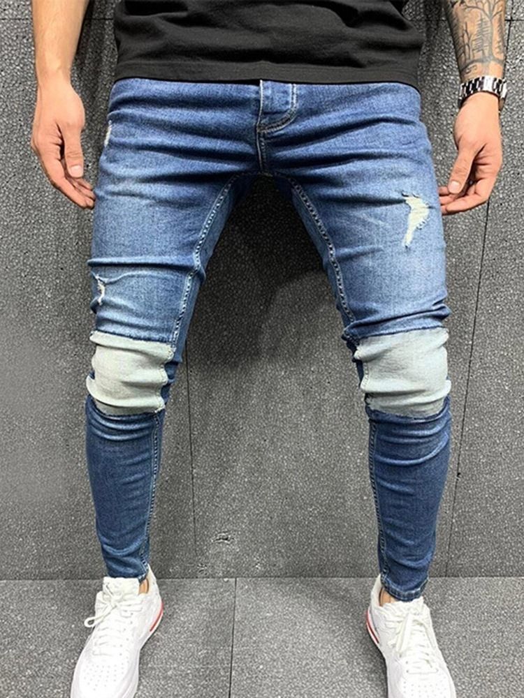 Pantalon Crayon Patchwork Couleur Bloc Fermeture Éclair Taille Moyenne Jean Pour Hommes