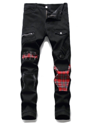 Pantalon Crayon Patchwork Jeans Homme Taille Moyenne À Fermeture Éclair À Carreaux