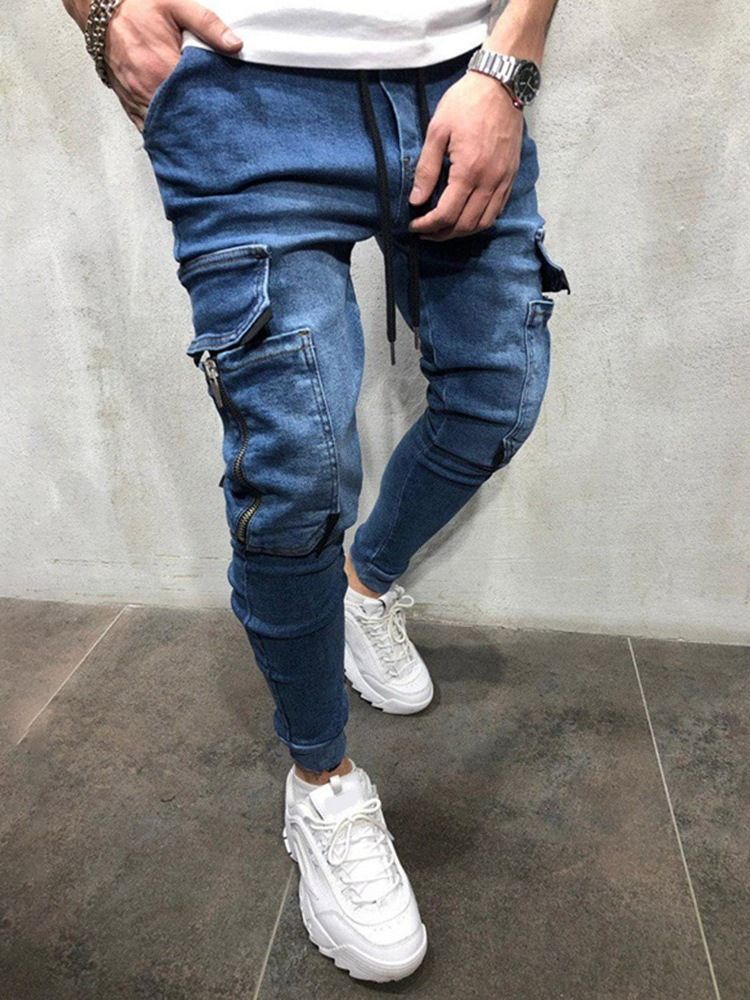 Pantalon Crayon À Poche Unie Jeans À Lacets Pour Hommes