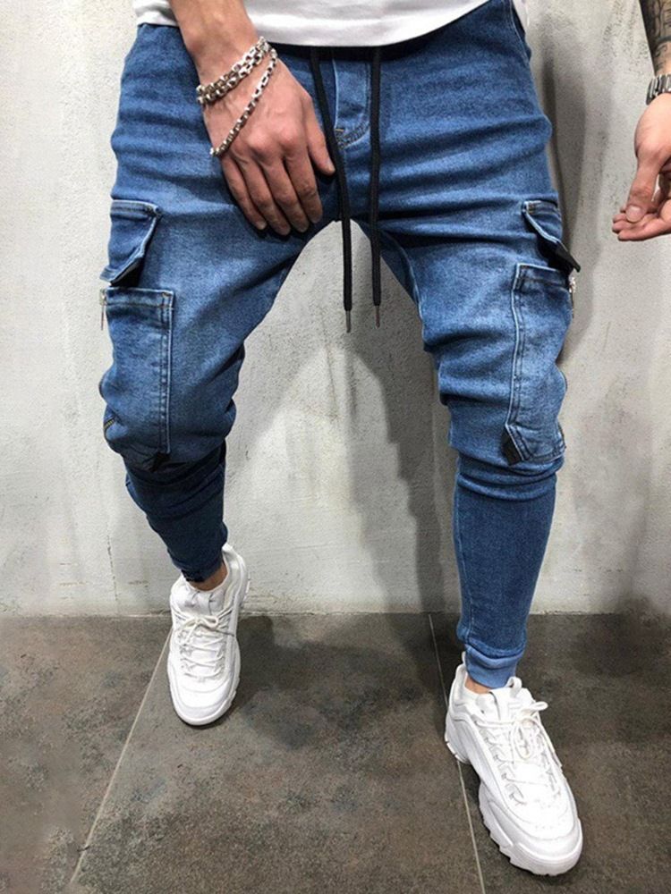 Pantalon Crayon À Poche Unie Jeans À Lacets Pour Hommes