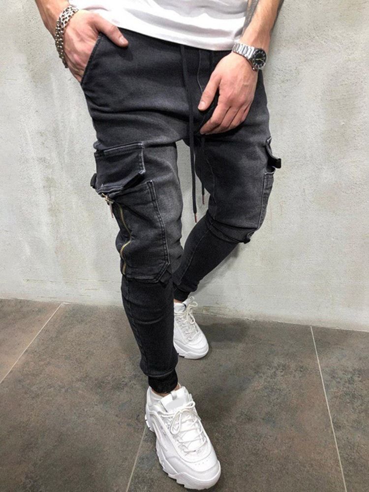 Pantalon Crayon À Poche Unie Jeans À Lacets Pour Hommes