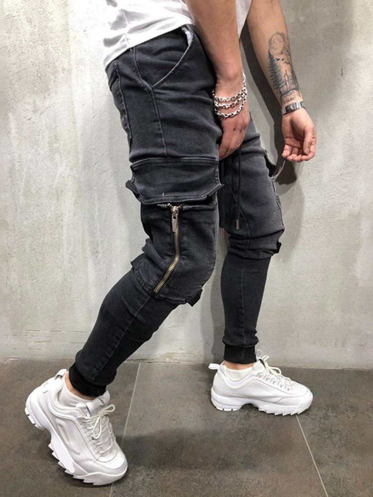 Pantalon Crayon À Poche Unie Jeans À Lacets Pour Hommes