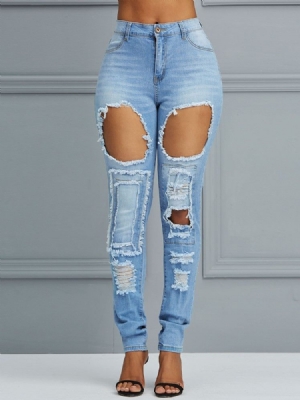 Pantalon Crayon Taille Haute Trou Jeans Femme