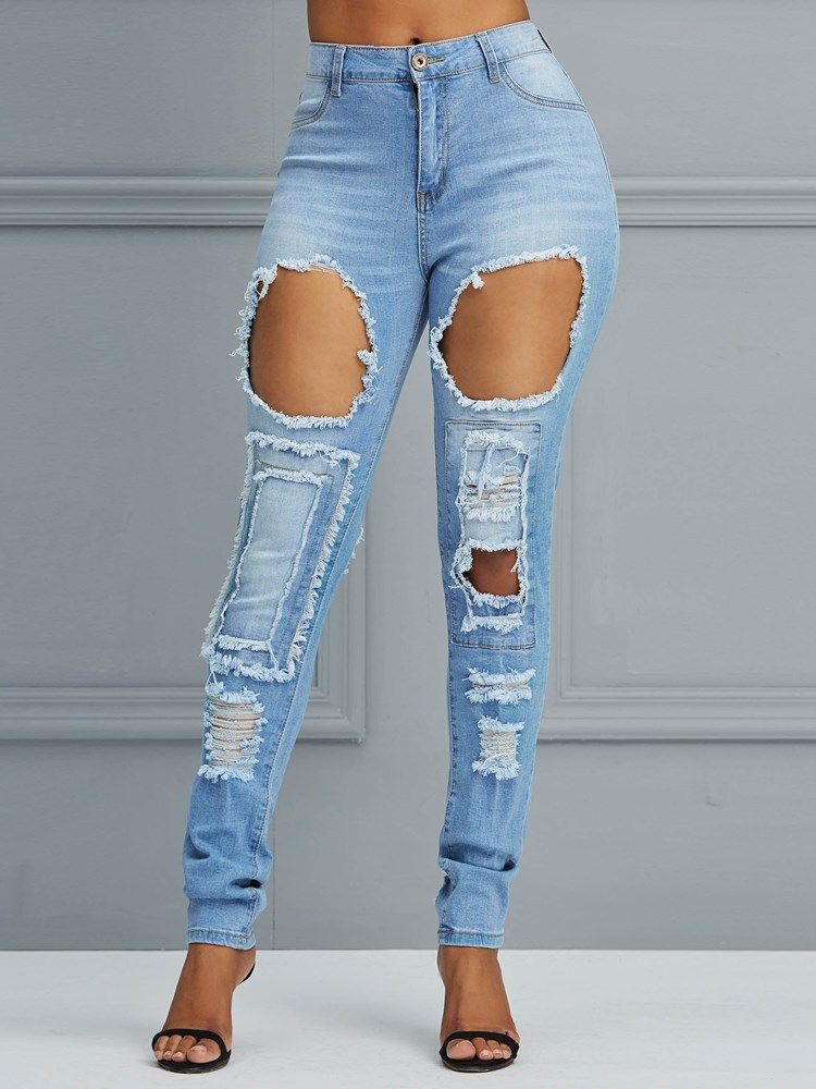 Pantalon Crayon Taille Haute Trou Jeans Femme